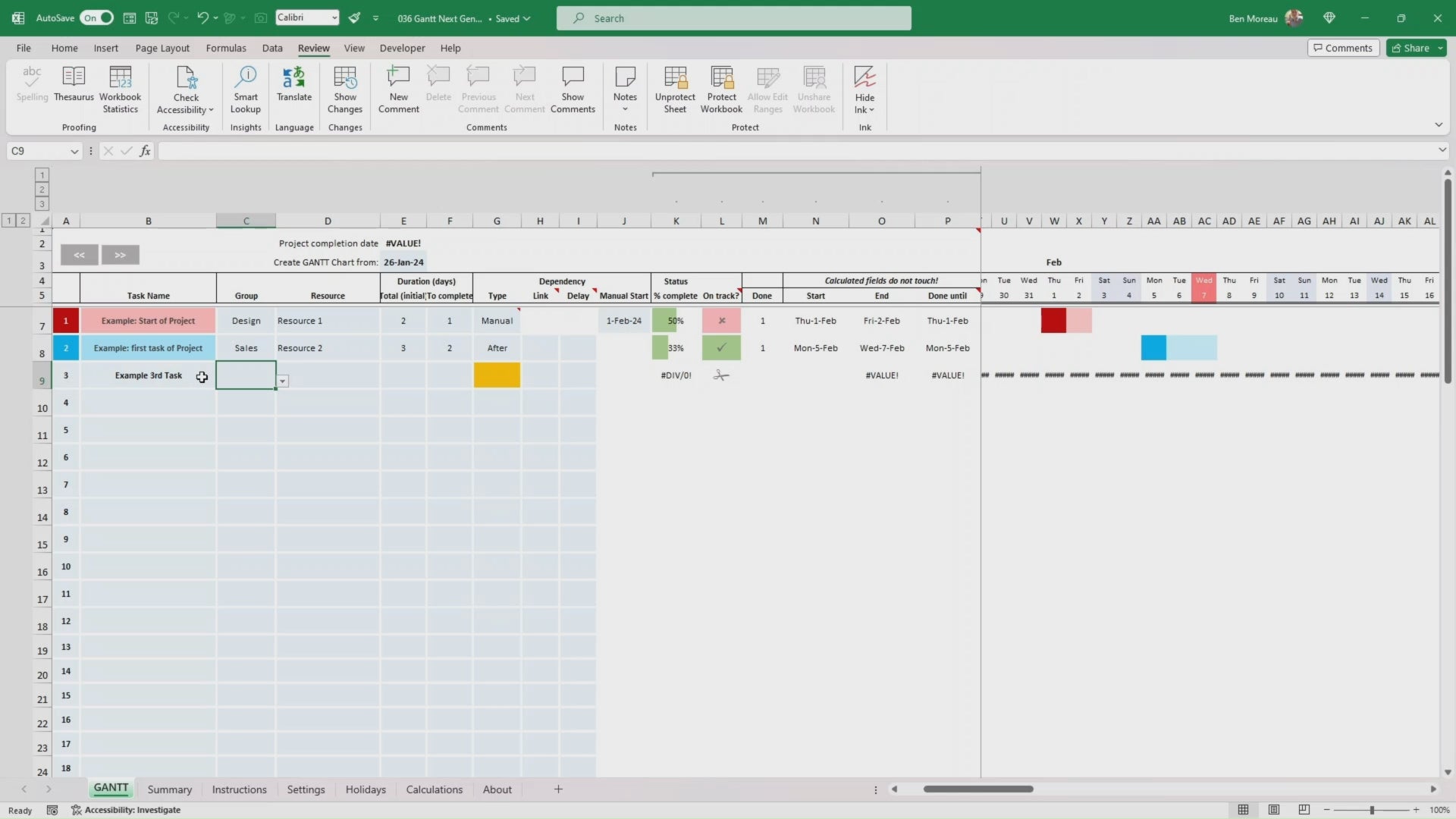 Gantt Chart in Excel - Scheduling tool with Dependencies and Team Summary Task Dependency Team color allocation, Microsoft MS project