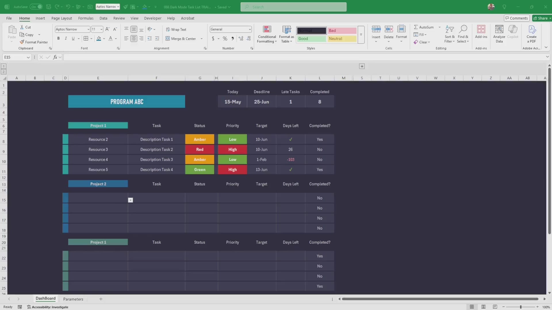 Excel Task List Dashboard Template, Dark Mode Task Tracker, Resource Planner, Project Management, Tracking and Scheduling, Instant Download