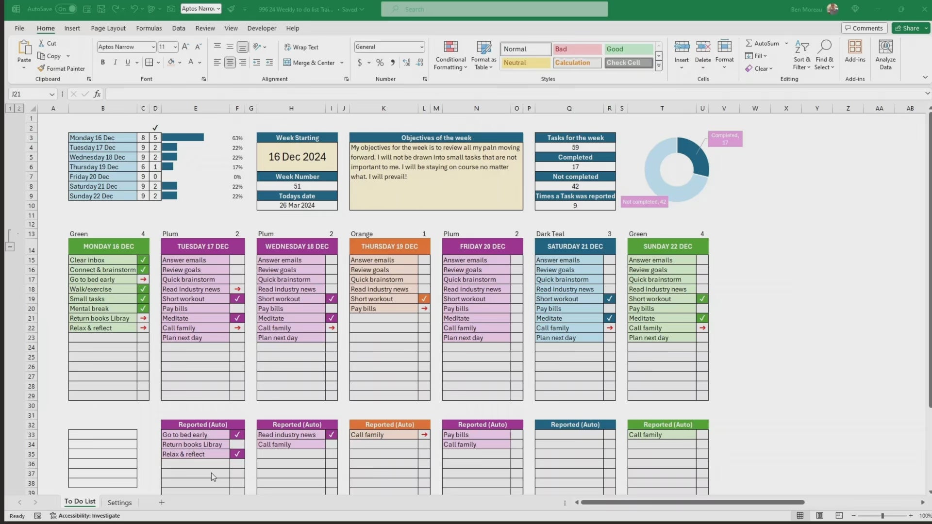 Weekly To-Do List with Automated Backlog in Excel | Planner | Weekly Planner Template | Color Coded Digital Product