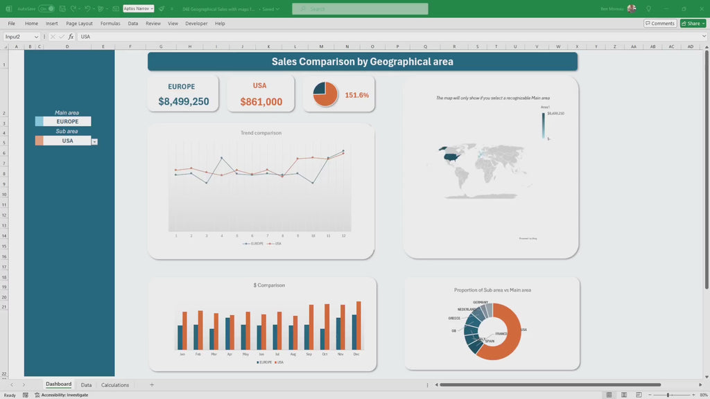 Sales Data Geographical Dashboard: Excel Template (Instant Download)