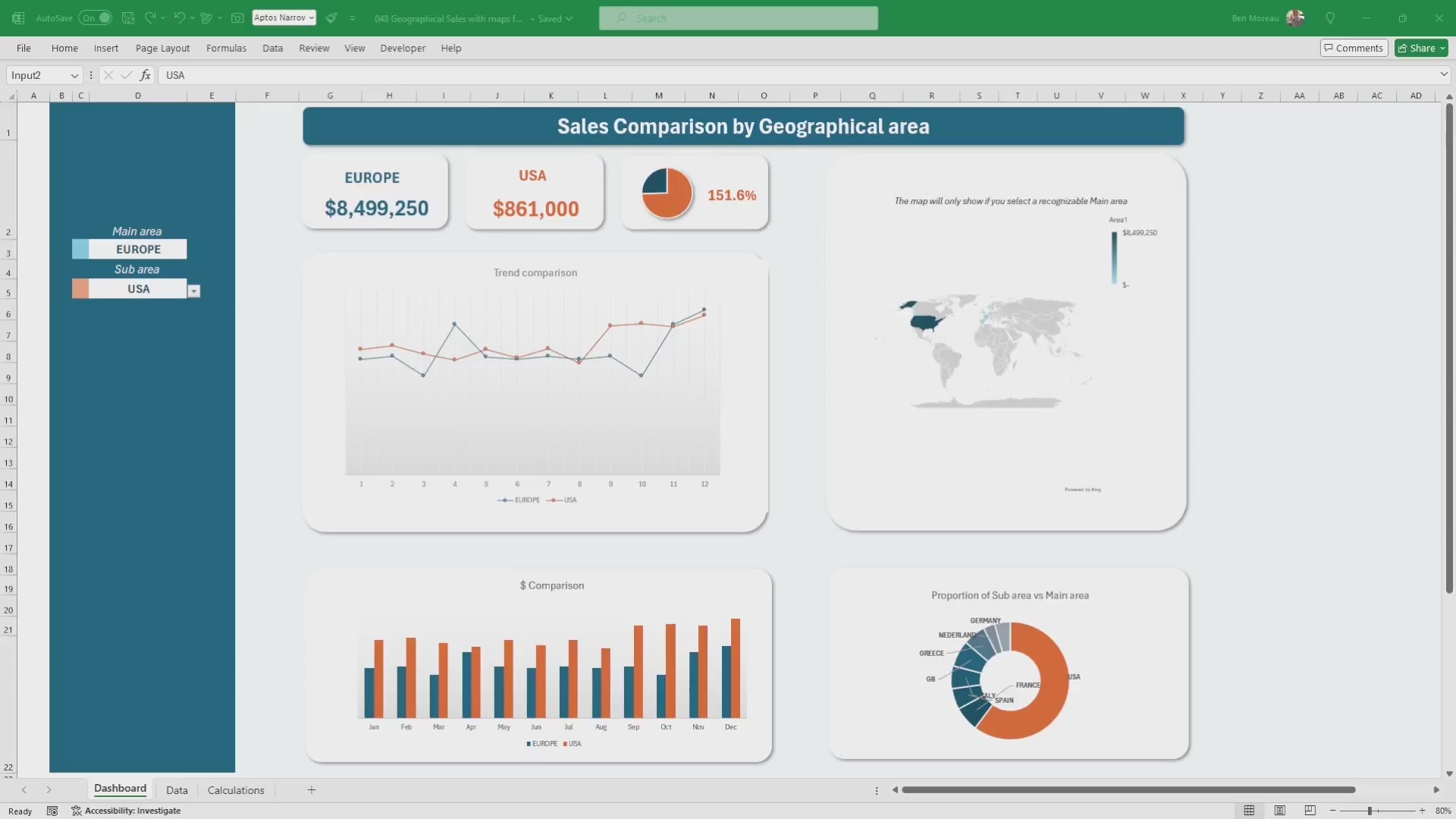 Sales Data Geographical Dashboard: Excel Template (Instant Download)