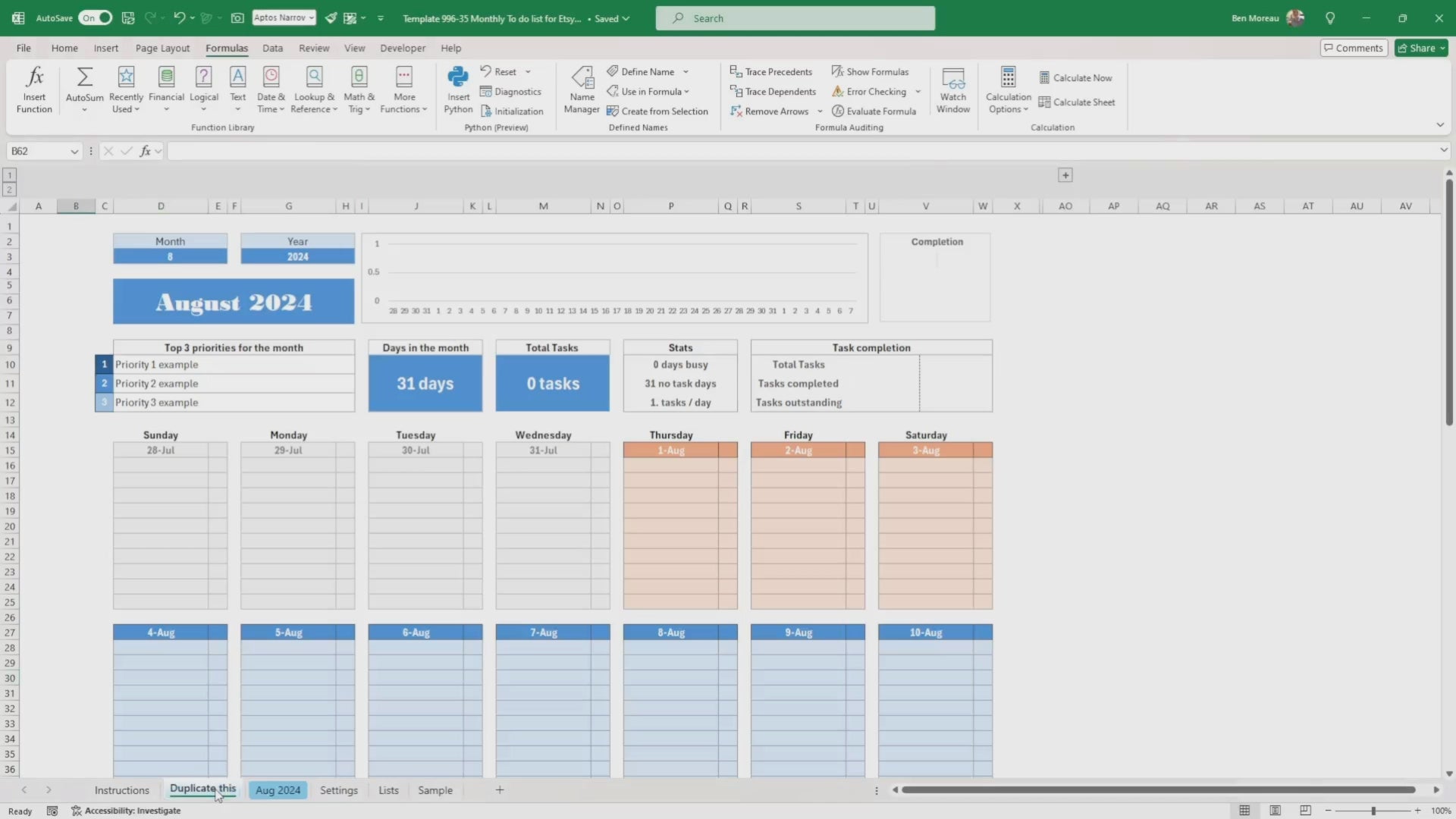 Excel Monthly To-Do list, Task List Template, Monthly Planner, Yearly To-Do List, Task Activities, digital calendar, daily checklist