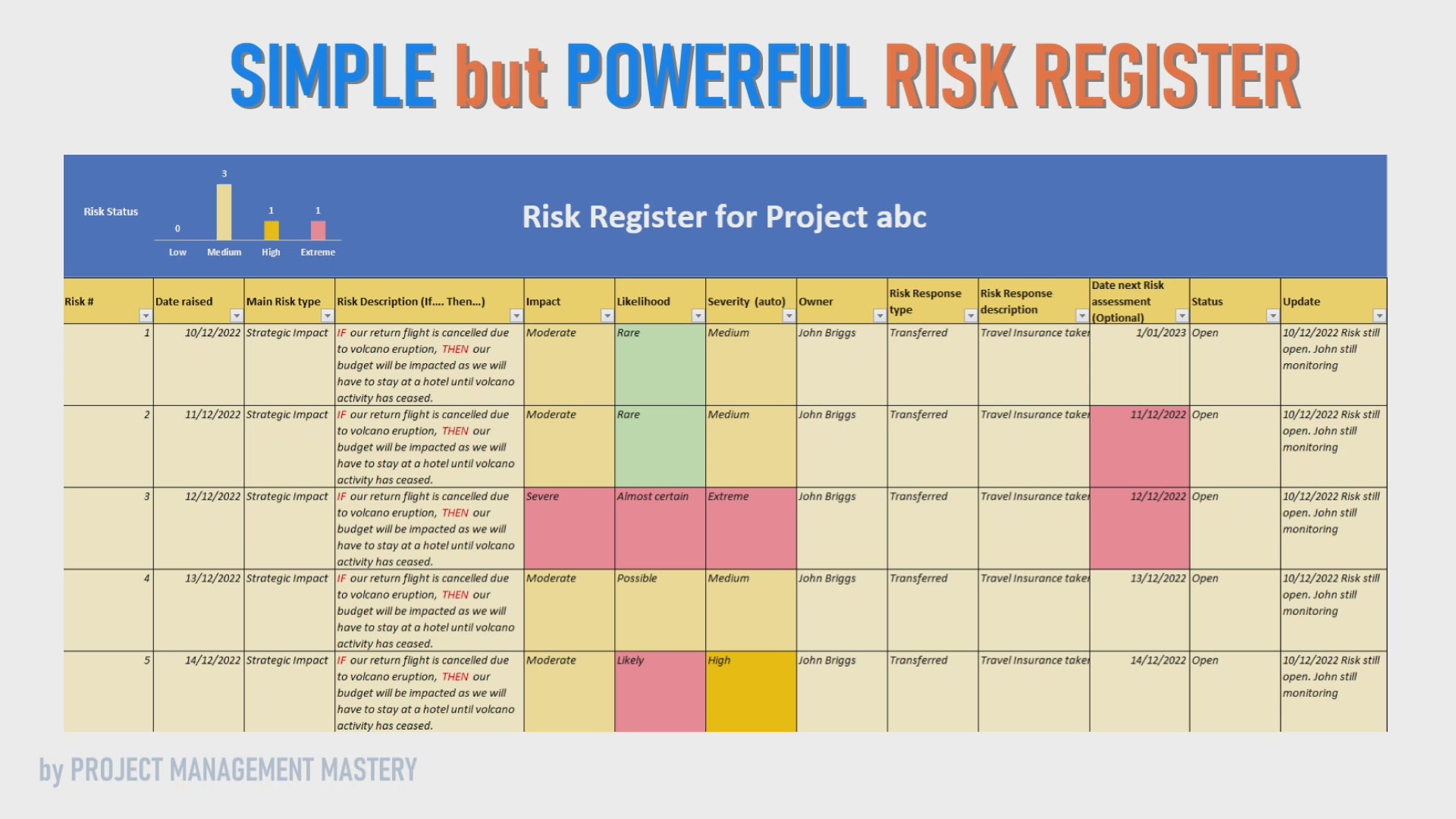 Excel Risk Register with Customizable Severity, Impact, Likelihood, Risk Management, Risk Types and Status, Instance Download Excel Template