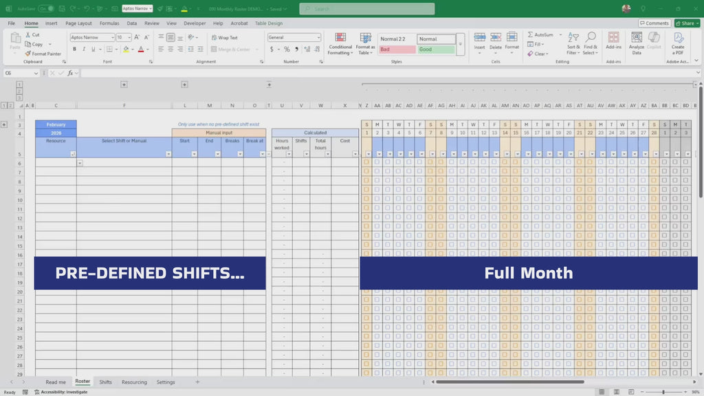 Monthly Excel Roster Template | Employee Shift Schedule, Staff Planner, Cost Calculator, Customizable Work & Student Schedule, Download