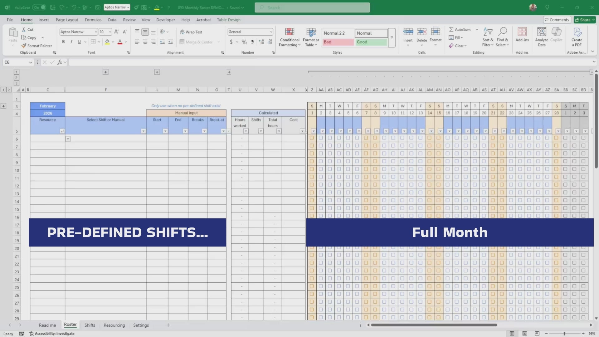Monthly Excel Roster Template | Employee Shift Schedule, Staff Planner, Cost Calculator, Customizable Work & Student Schedule, Download