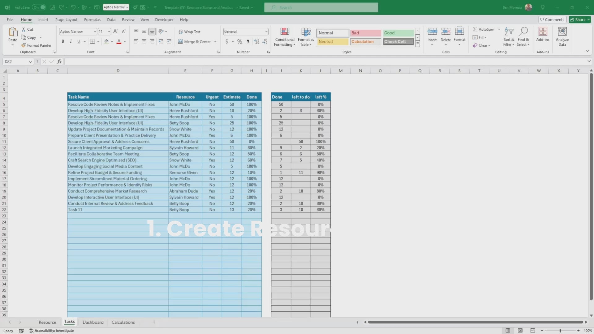 Excel Resource availability Dashboard: Capacity Planning, Workload Tracking and Resource Planner. Immediate Download Excel template