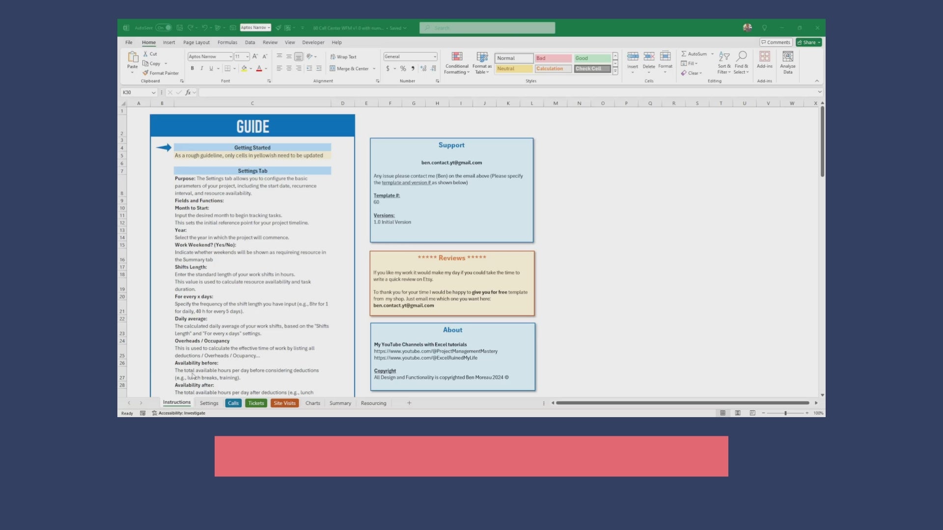 Call Center WorkForce Management Excel template, WFM, Tickets, Calls, Site Visits, Agent Scheduling, AHT, AHTC, Forecast Shifts, Roster