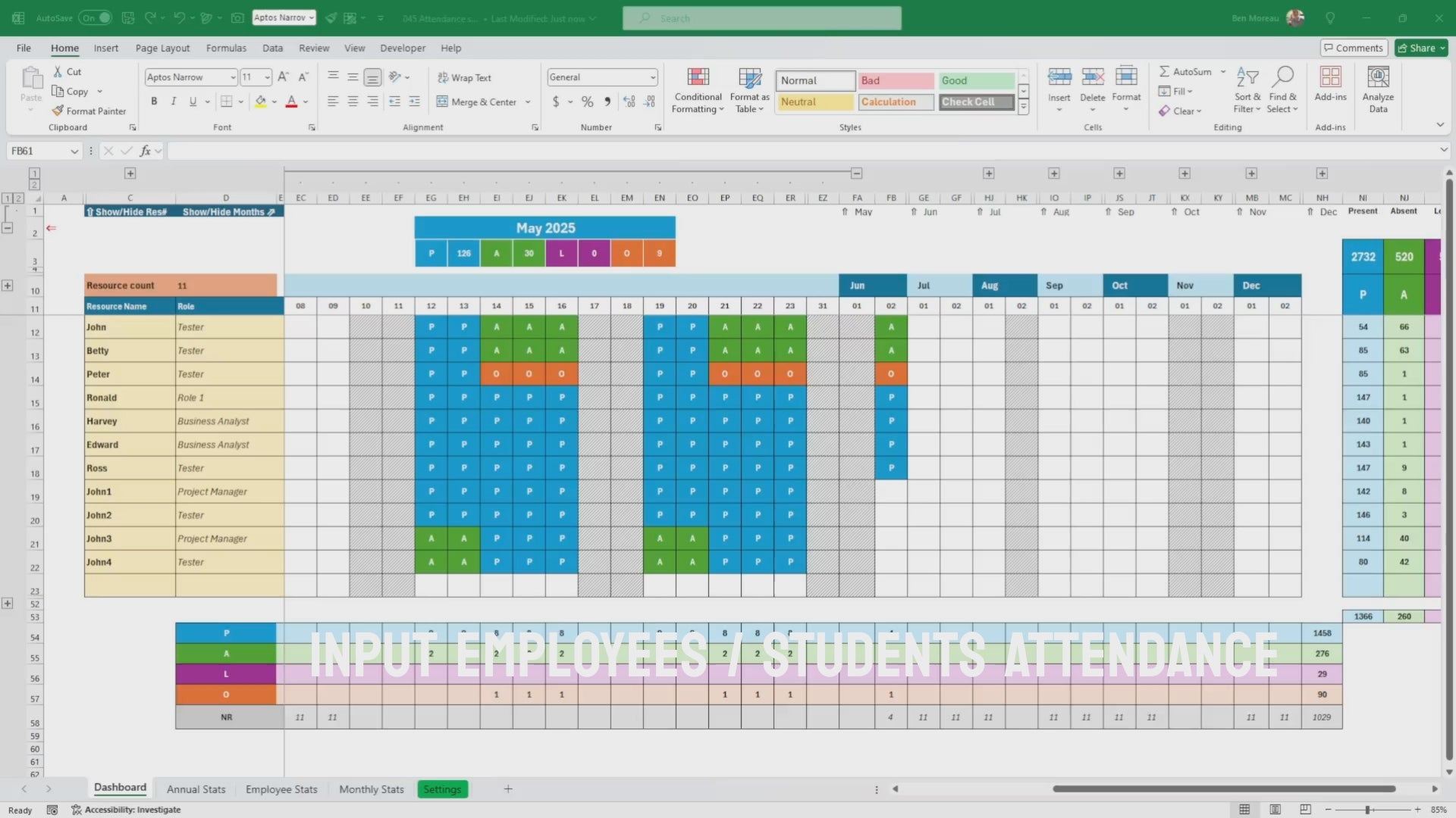 Excel Attendance Tracker v2: Automated & Customizable (Digital Download); Attendance Sheet and Resource Management, Leave Resource Planner