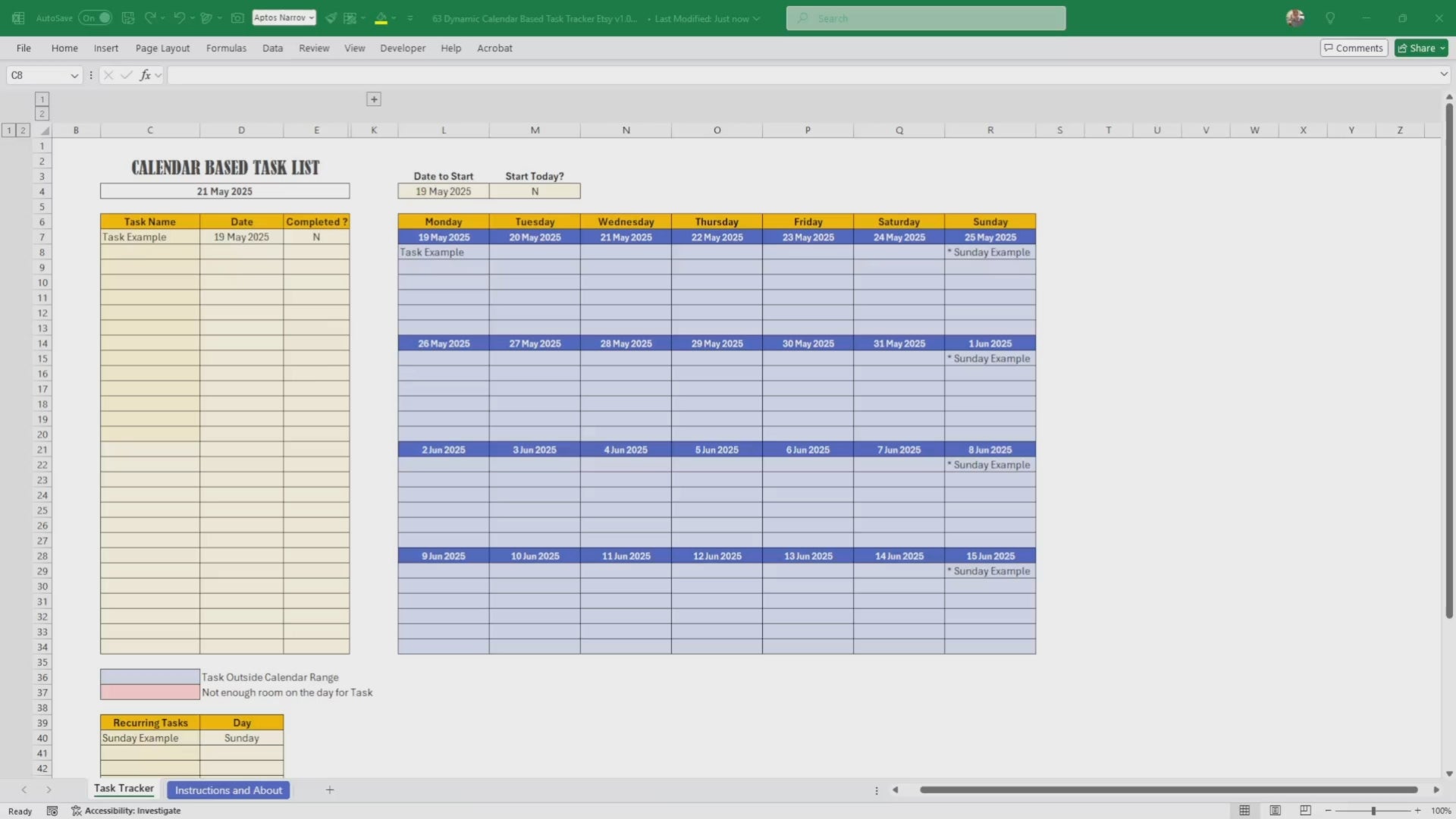 Excel Calendar Based Task List, Task Management Automated, Download Template, Task Tracker and To-Do List, Productivity and Project Mgt