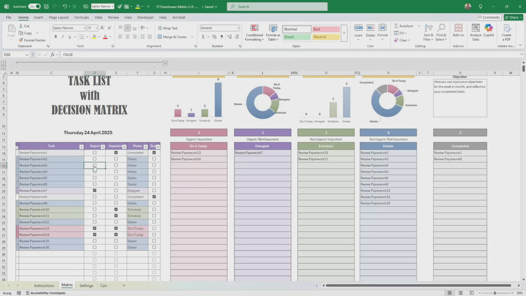 Decision Matrix (Excel 365 version), Eisenhower Matrix, Customizable Task Priority Tracker, Urgent / Important All Excel version Template, Task List, To-do List