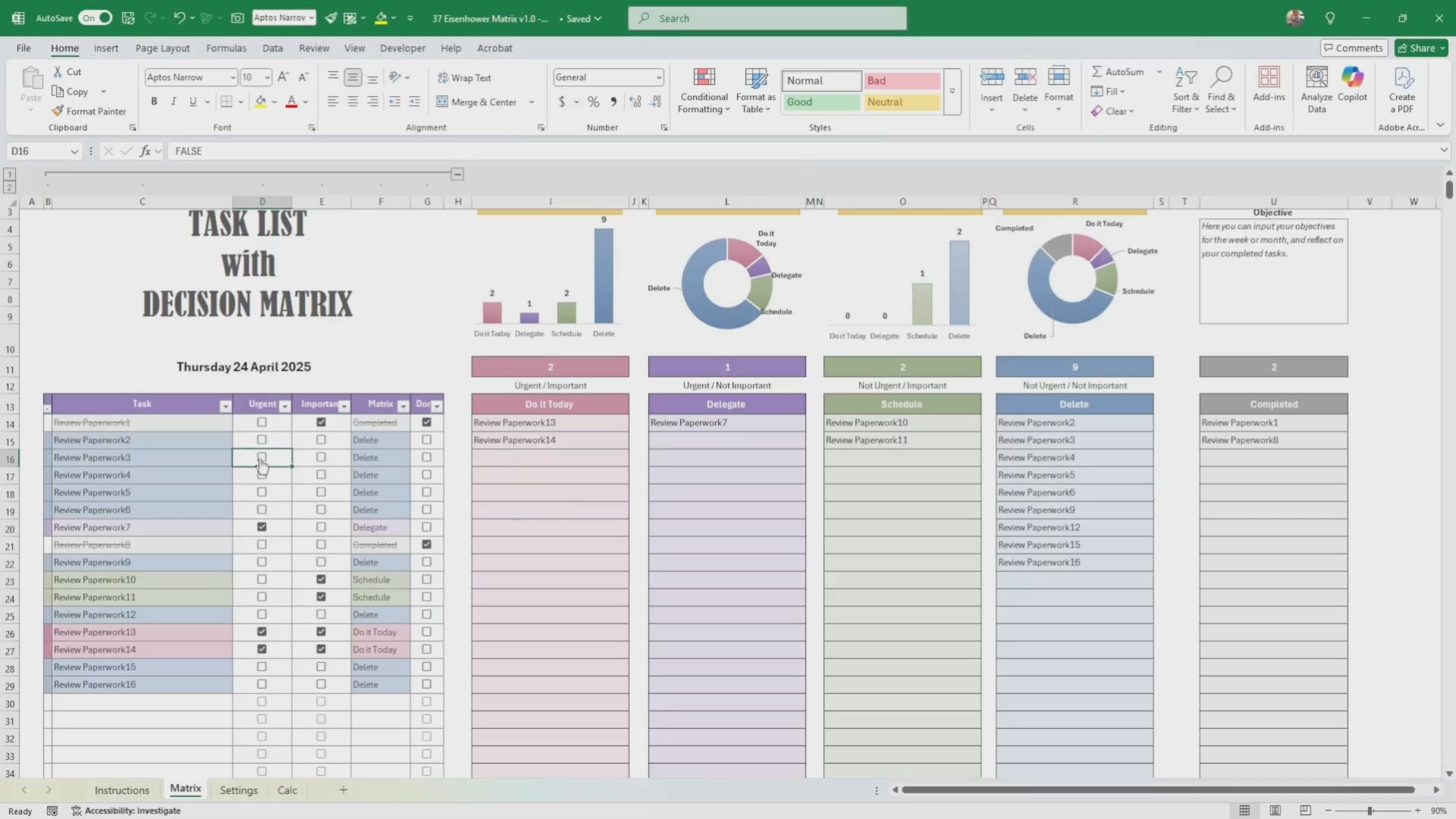 Decision Matrix (Excel 365 version), Eisenhower Matrix, Customizable Task Priority Tracker, Urgent / Important All Excel version Template, Task List, To-do List