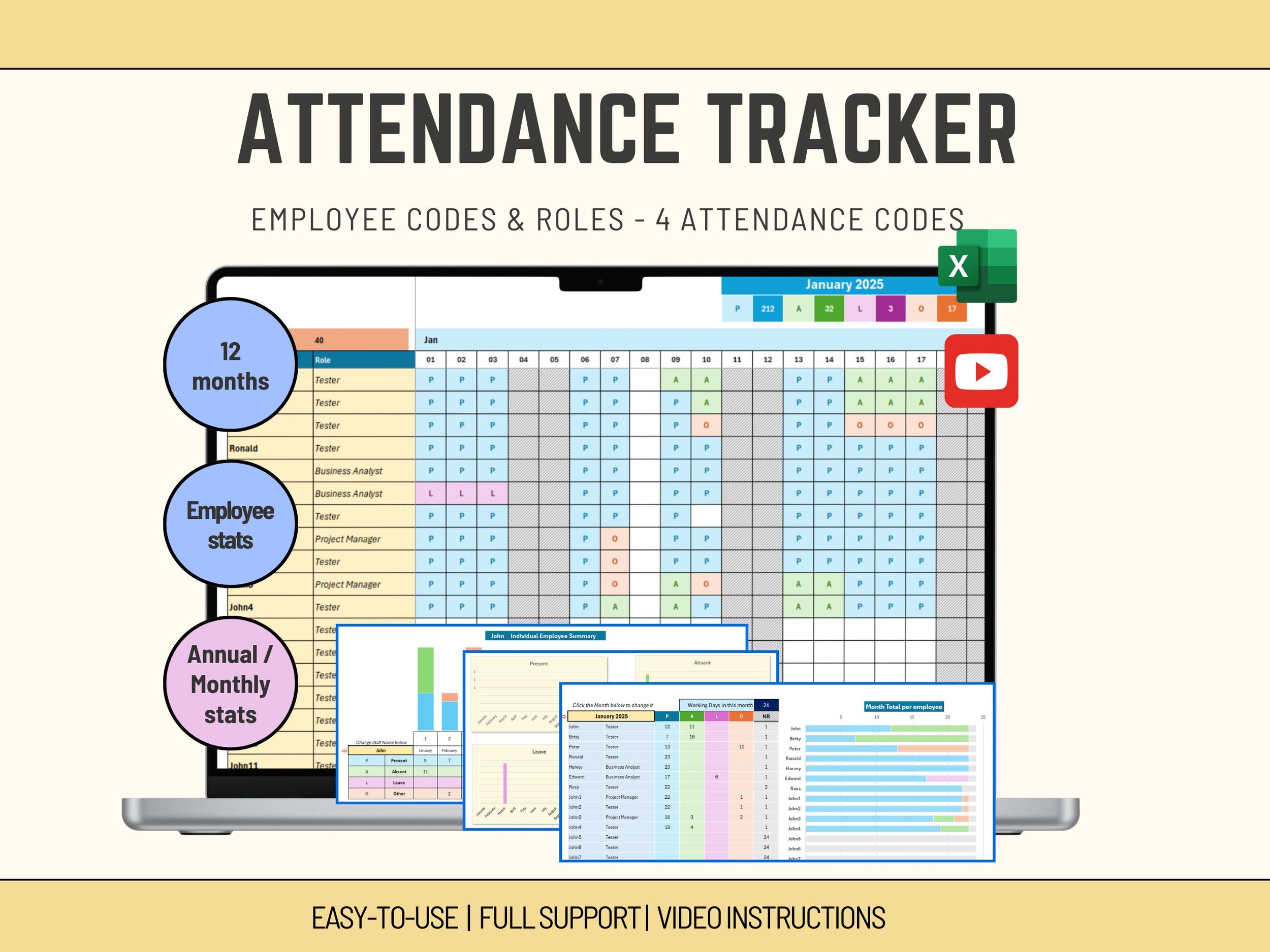 Custom 8-code attendance tracker in Excel for monitoring sickness, leave, and training.