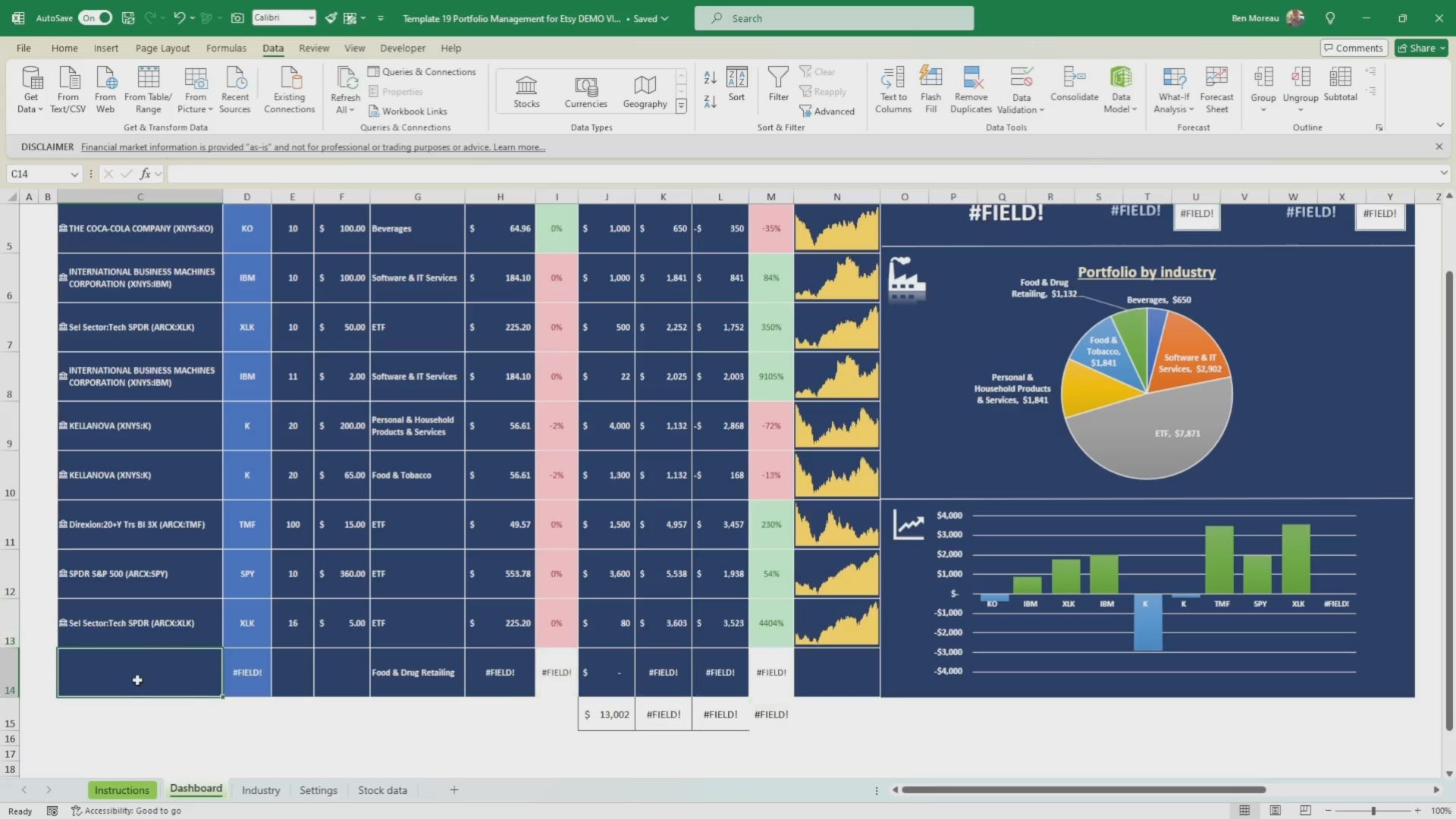 Stock/ETF Portfolio Management Template in Excel, Live updates Stock Market, Instant Download, Trading & Performance, Investment Management