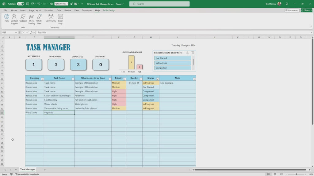 Excel Simple Task Manager with Priority & Status Slicer (Excel Template), To-Do List, Filtering and Completion Status, Daily Planner
