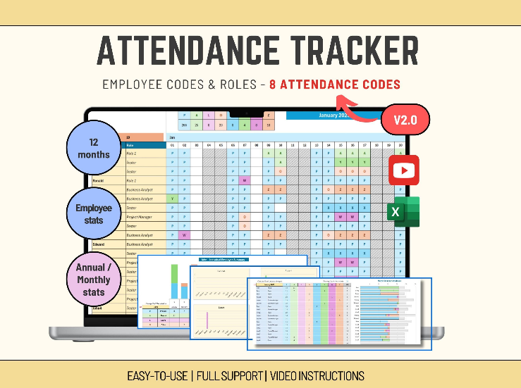 Custom 8-code attendance tracker in Excel for monitoring sickness, leave, and training.