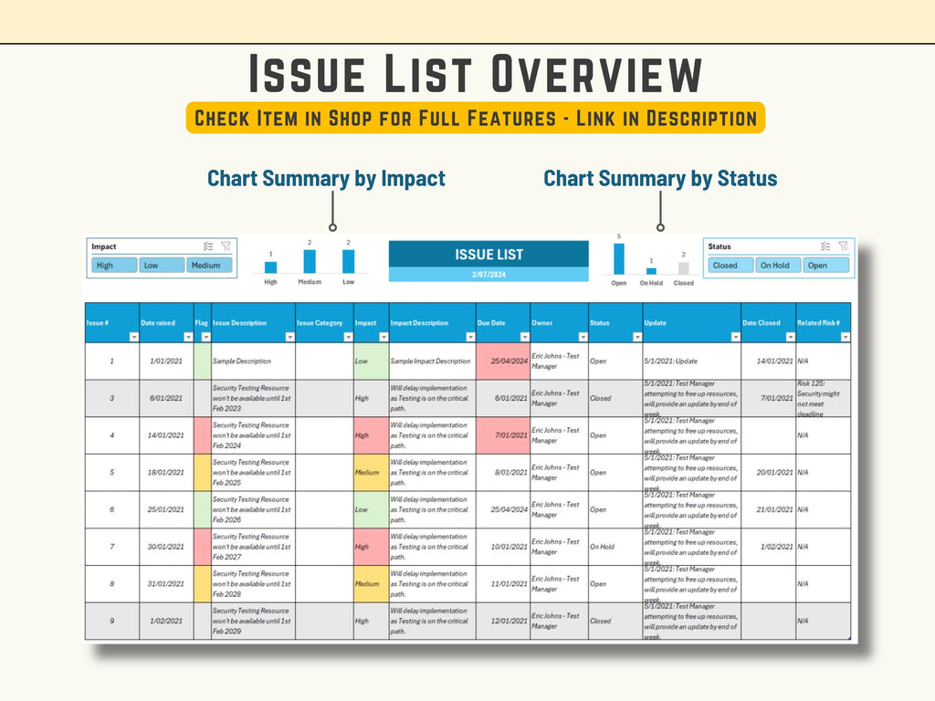 Detailed project issue list tool in Excel for logging and resolving operational roadblocks efficiently.