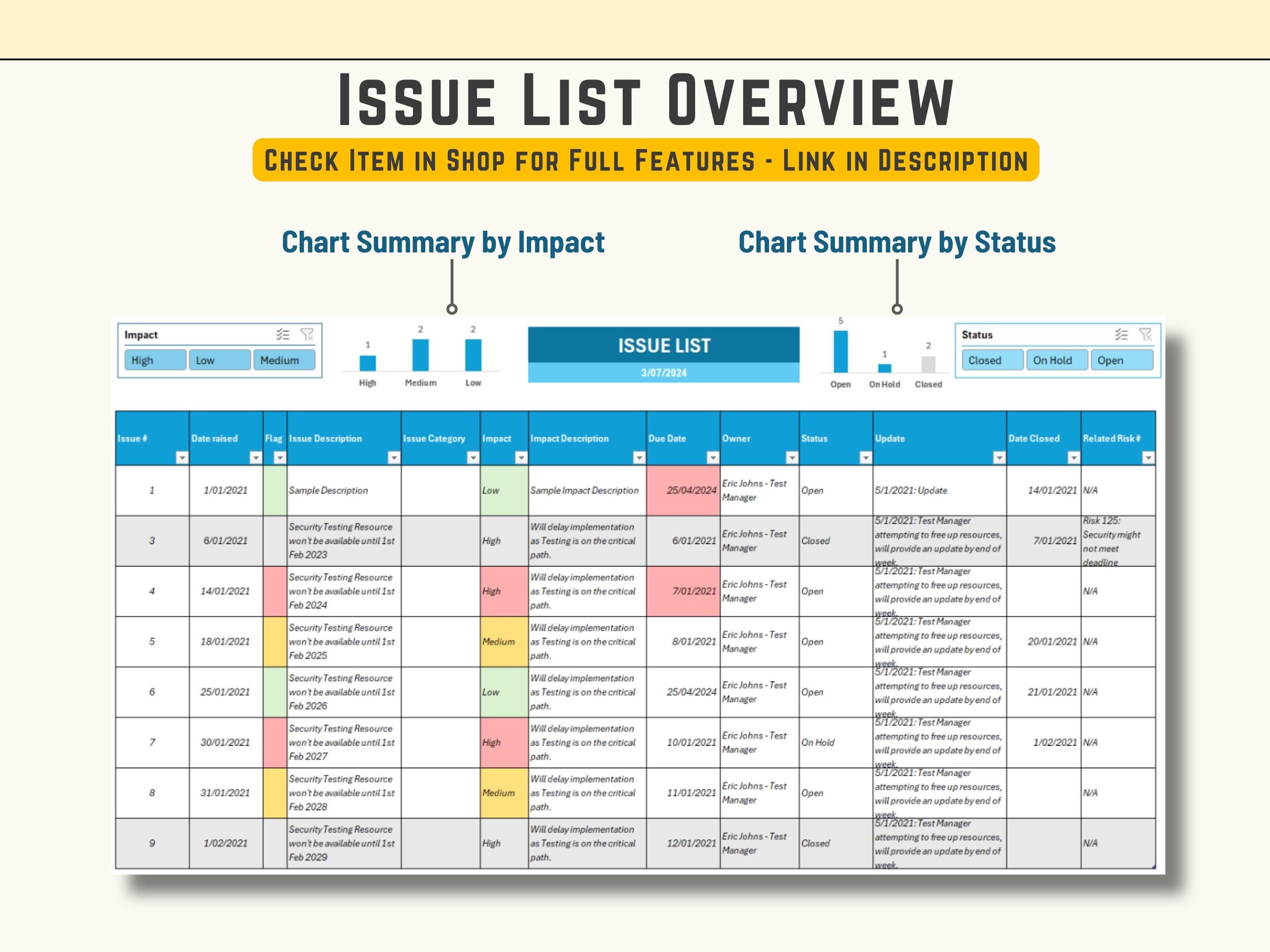 Detailed project issue list tool in Excel for logging and resolving operational roadblocks efficiently.
