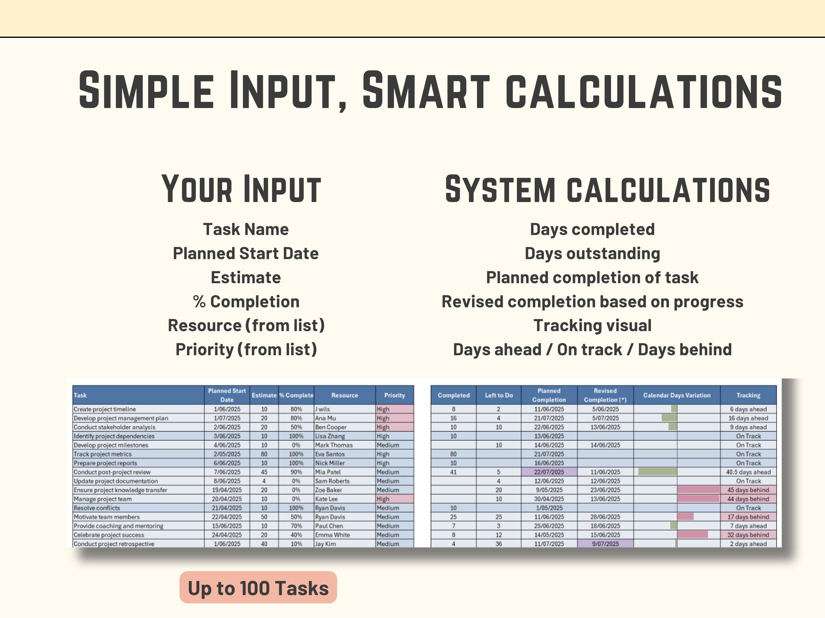 Detailed task list view in Excel showing resource allocation, priority levels, and real-time delivery variation stats.
