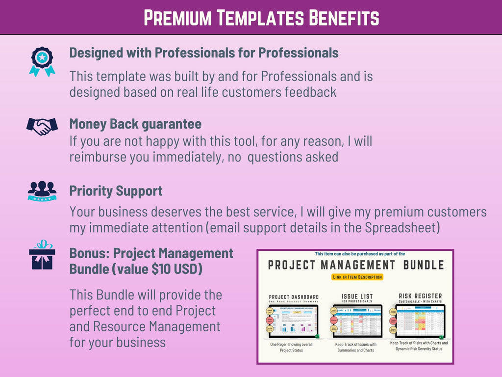 Promotional text about premium templates benefits for Project management templates