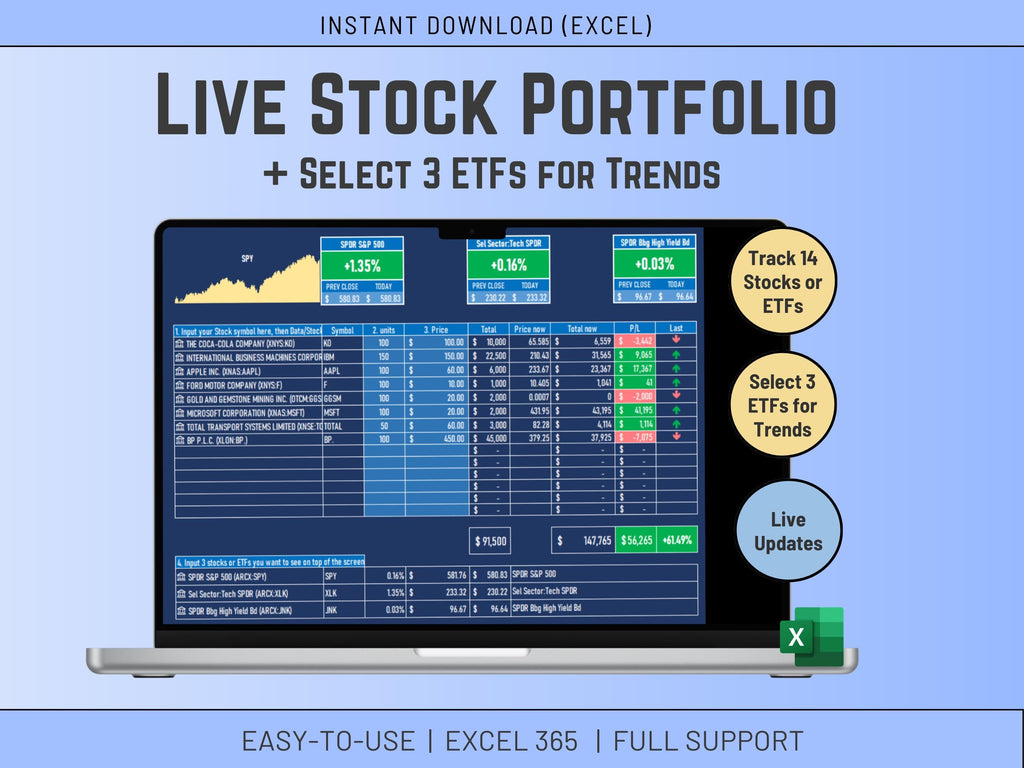 Automated Excel dashboard for managing a long-term stock and ETF portfolio with live data retrieval.
