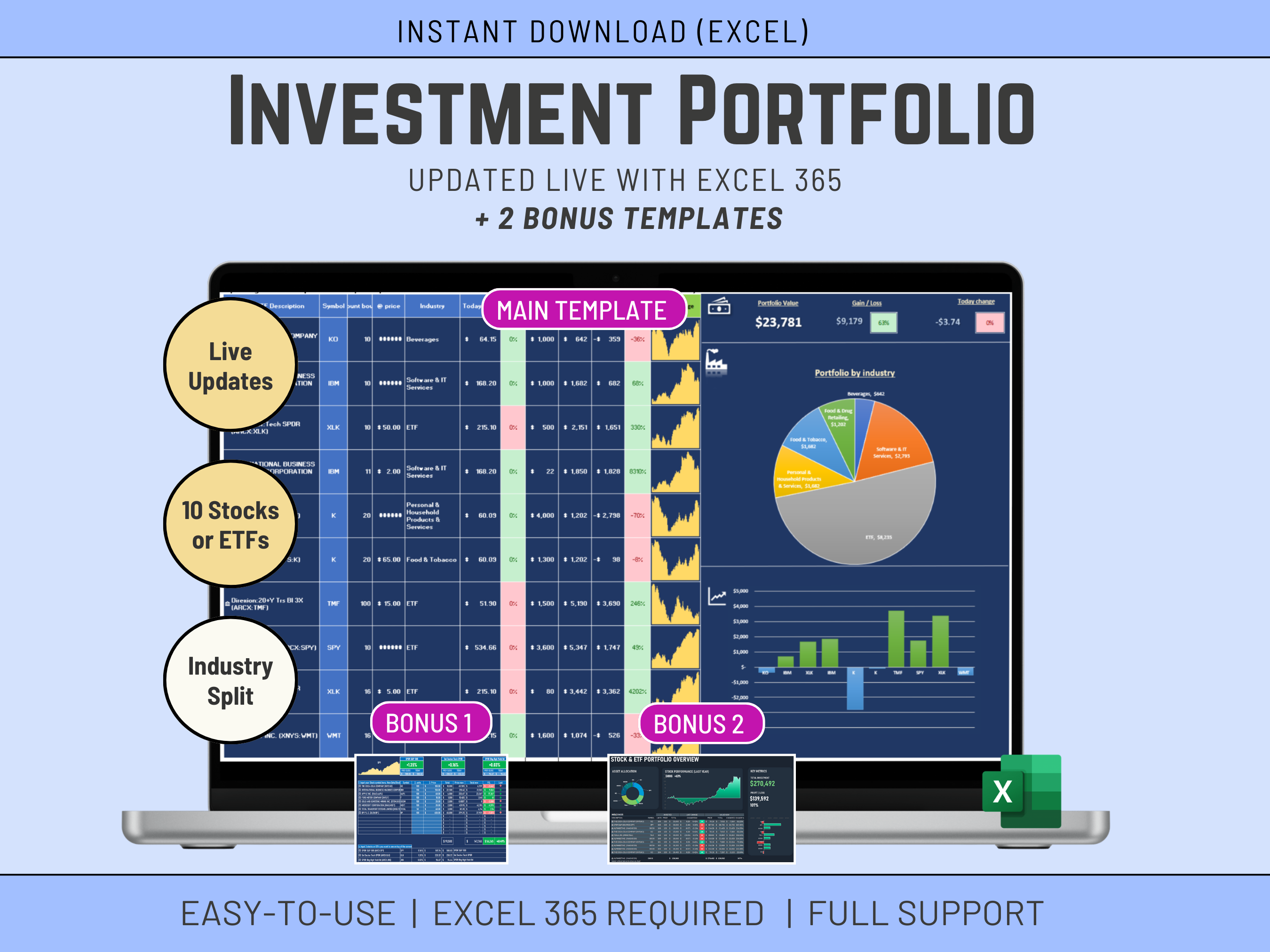 Automated stock portfolio tracker in Excel with live price updates for 365 users.