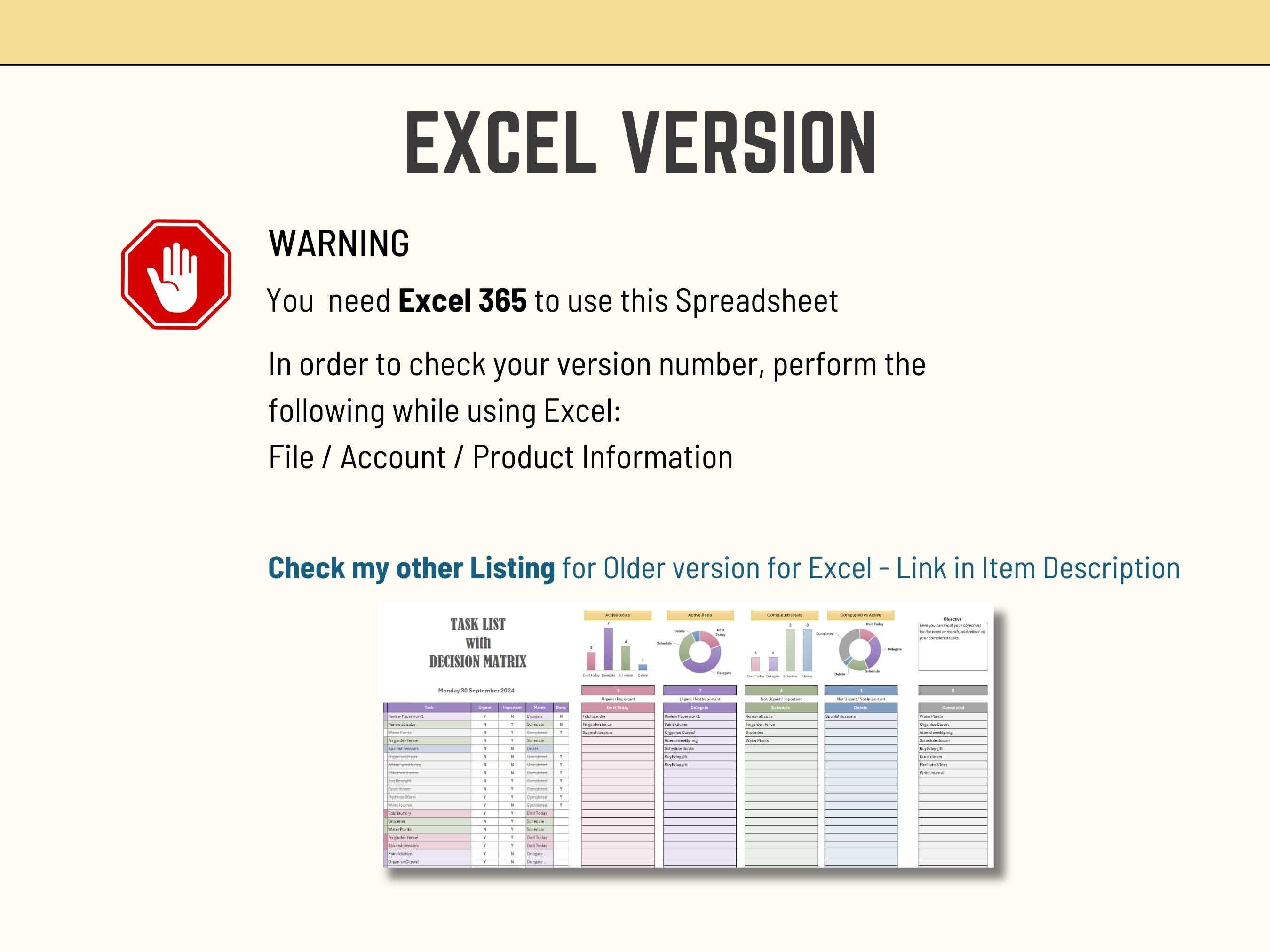 Task prioritization matrix for Excel 365 featuring interactive checkboxes and automated quadrant sorting.